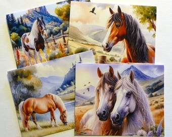 Lot de 4 cartes de correspondance cheval, magnifique oeuvre d'art générée par l'IA, toutes les occasions, vierges à l'intérieur, papeterie, fabriqué à la main, A2
