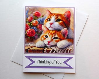 Carte « Thinking of you » avec deux adorables chatons et un panier de fleurs, fait main, beaux-arts, papeterie, A2