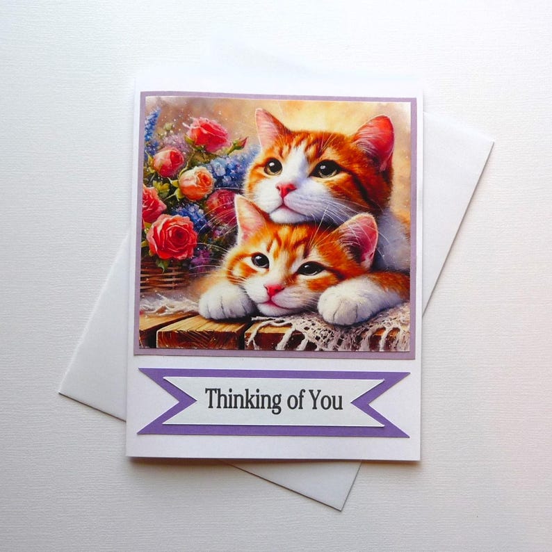 Thinking of You card featuring two adorable kittens and a basket of flowers, Hand Crafted, Fine Art, Stationery, A2 bild 1