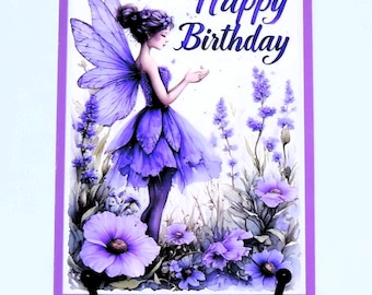 Belle carte de correspondance de fée d'anniversaire lavande, fleurs de lavande variées, intérieur vierge, fabriqué à la main, oeuvre d'art IA, papeterie, carte A2