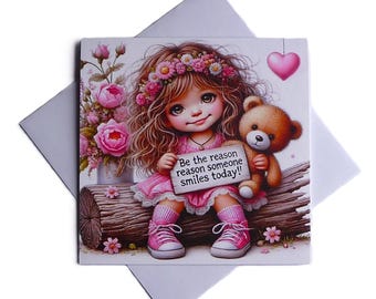 Carte précieuse petite fille aux sourires encourageants, oeuvre d'art générée par l'IA, 5 x 5 po, intérieur vierge, oeuvre d'art, carte toutes occasions