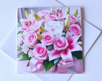 Carte de voeux « Merci » de superbes roses roses, 5 x 5 po, montrez votre gratitude aux clients, aux employés de service, aux amis, à l'intérieur vierge, oeuvre d'art
