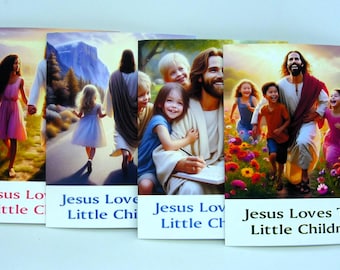 4 cartes de correspondance « Jésus aime les petits enfants » avec diverses illustrations d'IA, intérieur vierge, papeterie, fait main, cadeau hôtesse/professeur, A2