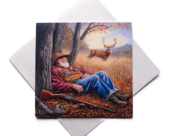 Oeuvre d'art comique générée par l'IA représentant un chasseur de cerfs faisant la sieste sous un arbre sous forme de montres de cerf, 5 x 5 po., vierges à l'intérieur, fabriqué à la main, beaux-arts, papeterie