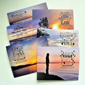 6 Scripture/Positive Thoughts Sunset Photo Note Cards, Christian, Spiritual, Hand Crafted, All Occasion, Blank Inside, Stationery, Fine Art