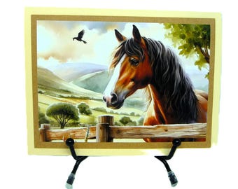 Carte d'anniversaire avec un beau cheval surplombant une clôture en bois, sentiment d'anniversaire à l'intérieur, fait main, beaux-arts, papeterie, A2