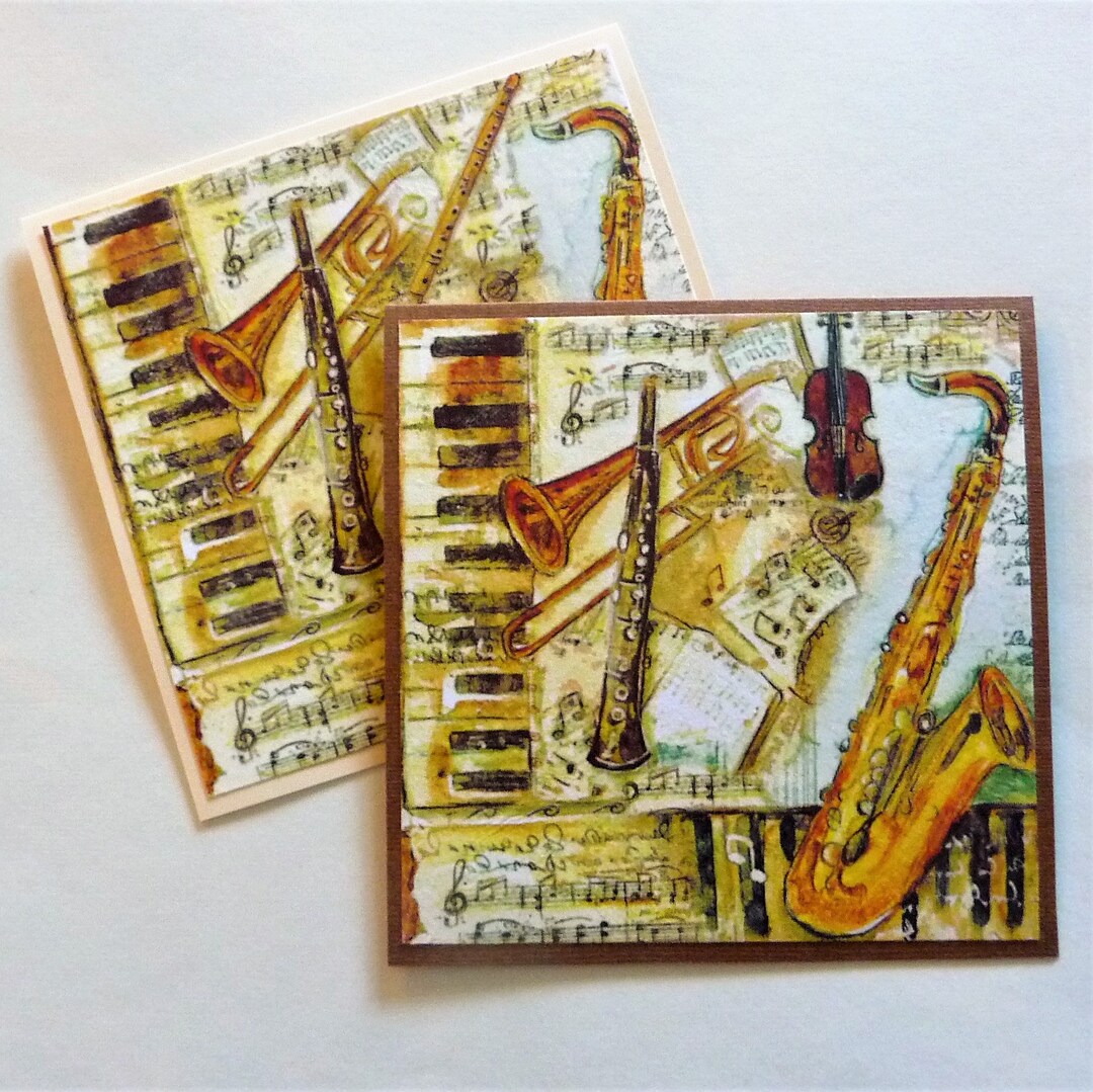 Musical Instruments Card, Napkin Decoupage Art, All Occasion, 5.25