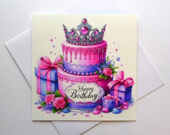 Belle carte de voeux d'anniversaire reine/princesse avec gâteau avec couronne ornée de bijoux, intérieur vierge, fabriqué à la main, oeuvre d'art IA, papeterie