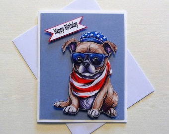 Adorable 3-D Patriotic Puppy Birthday Card, 4-1/4"x5-1/4", Red White Blue, Stars, Stripes, Blank Inside, Hand Crafted, Fine Art, Stationery