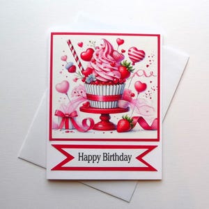 Delicious Birthday Card featuring dessert with strawberries, whipped cream, and sprinkles, Hand Crafted, Fine Art, Stationery, A2