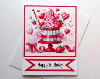 Délicieuse carte d'anniversaire avec un dessert avec des fraises, de la crème fouettée et des pépites, fabriquée à la main, beaux-arts, papeterie, A2