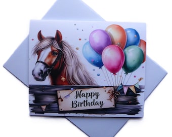 Carte de voeux d'anniversaire avec beau cheval et grand bouquet de ballons, intérieur vierge, fabriqué à la main, oeuvre d'art IA, papeterie, A2