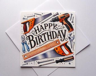 Carte de voeux masculine de joyeux anniversaire avec une variété d'outils, carte de bricoleur, 5 x 5 po, intérieur vierge, fabriqué à la main, oeuvre d'art IA, papeterie