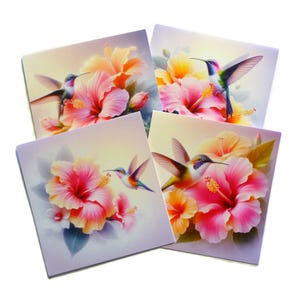 Lot de 4 superbes cartes Colibri, cartes carrées 5 x 5 po, oeuvre d'art générée par l'IA, toutes les occasions, intérieur vierge, papeterie, fabriqué à la main