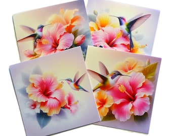Lot de 4 superbes cartes Colibri, cartes carrées 5 x 5 po, oeuvre d'art générée par l'IA, toutes les occasions, intérieur vierge, papeterie, fabriqué à la main