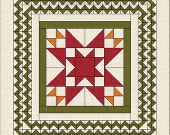 Pode incluir: Um bloco de colcha de estrela vermelha e laranja com uma borda verde e uma borda de chevron verde e branco.