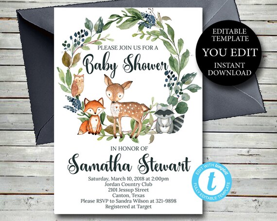 etsy woodland baby shower invitations