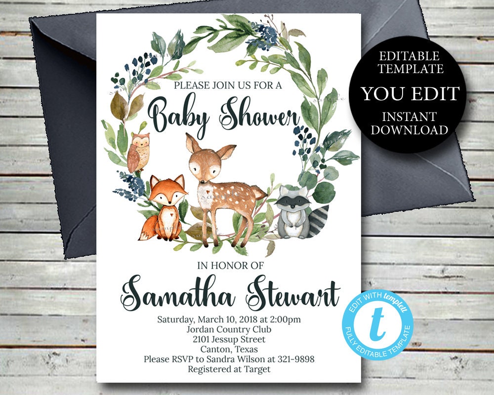 Woodland Baby Shower Invitation Boy Editable Woodland theme Etsy