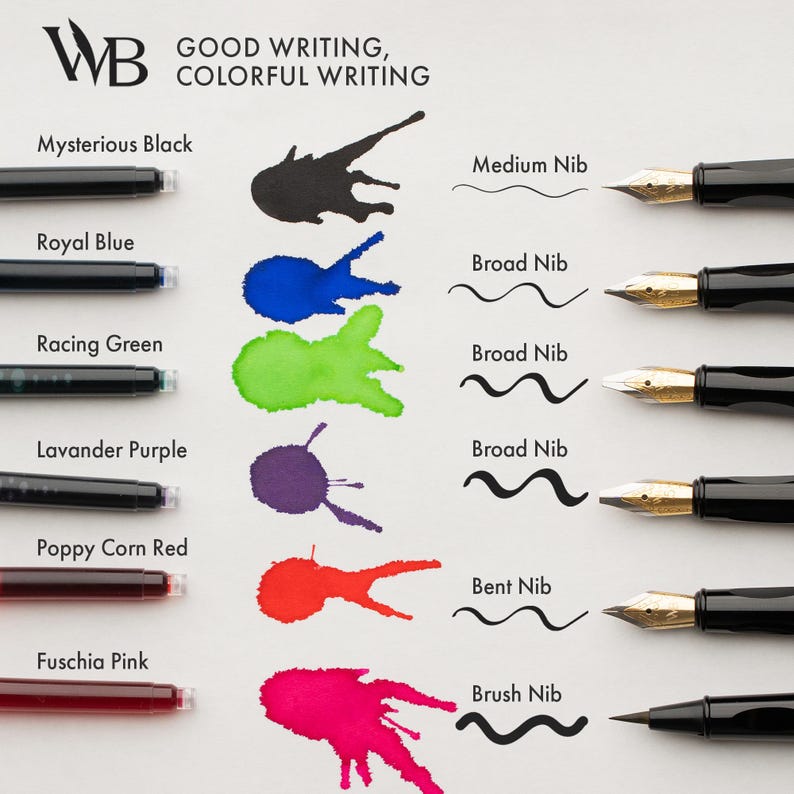 May include: An image showcasing a variety of fountain pens and ink colors. The pens are black with gold nibs, and the ink colors include black, blue, green, purple, red, and pink. The image also displays the different nib types and the resulting ink strokes. Text reads: GOOD WRITING, COLORFUL WRITING.