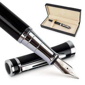 Wordsworth & Black Premium Fountain Pen Set Comes with 6 Ink Cartridges, Refill Converter, Fountain Pen Case, Corporate Gifts Medium Nib Black Chrome
