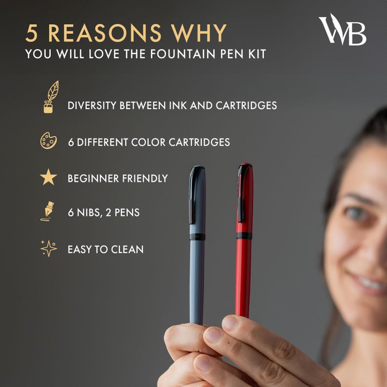 May include: A fountain pen kit with a gray and a red pen. The image includes the text "5 REASONS WHY YOU WILL LOVE THE FOUNTAIN PEN KIT". Features include diversity between ink and cartridges, 6 color cartridges, beginner friendly, 6 nibs, and easy to clean.