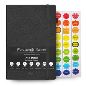 May include: A black Wordsworth Planner with a textured cover, elastic band, and a set of colorful sticker labels. The planner includes 312 pages, is eco-friendly, and features a non-dated horizontal layout. The stickers have various labels like "Birthday" and "Vacation".