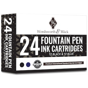 Wordsworth & Black Fountain Pen Ink Refills - SET of 12 BLACK - 12 BLUE Ink Cartridges - International Standard Size - Length Appr 3.75 Cm