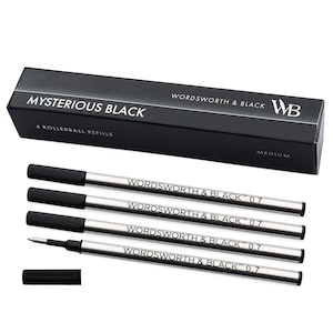 May include: Four silver rollerball pen refills in a black box labeled "Mysterious Black" and "Wordsworth & Black". The refills are 0.7 mm and labeled "Wordsworth & Black".