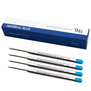 May include: A pack of four blue ballpoint pen refills labeled "Imperial Blue" and "Wordswoth & Black" with a 1.0 mm tip. The refills are silver with blue accents.