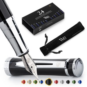 Wordsworth & Black Fountain Pen Set, Medium Nib, 24 Pack Ink Cartridges, Ink Refill Converter, Gift Pouch, Chrome Finish, Calligraphy