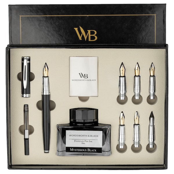 Coffret cadeau stylo calligraphie, comprend une bouteille d'encre, 6 cartouches d'encre, 6 pointes de rechange, [Chrome noir]