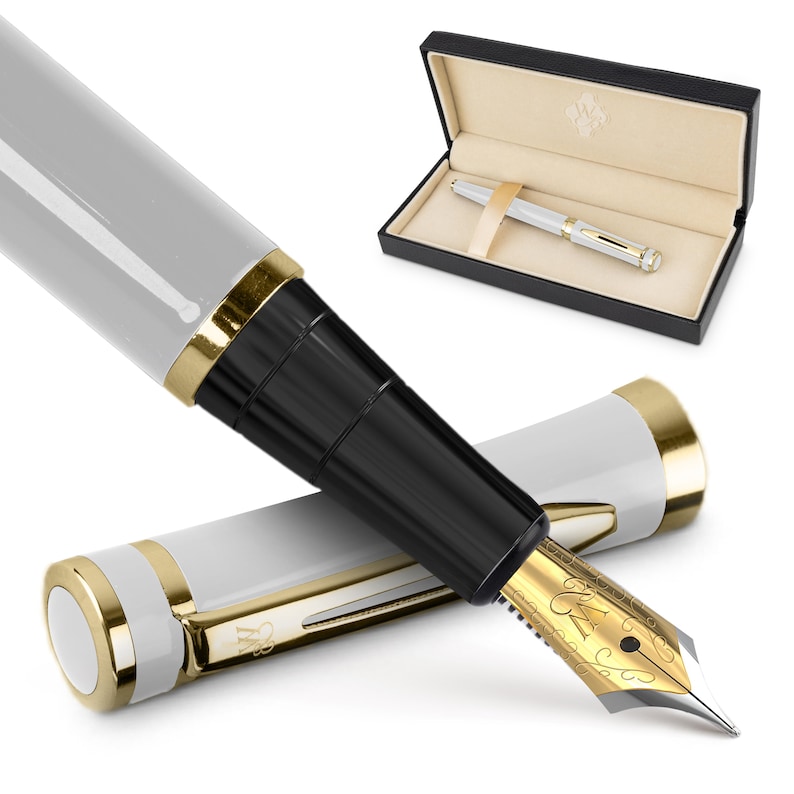 Wordsworth & Black Premium Fountain Pen Set Comes with 6 Ink Cartridges, Refill Converter, Fountain Pen Case, Corporate Gifts Medium Nib White Gold