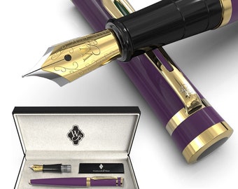 Wordsworth & Black Fountain Pen Set, 18K Gilded Medium and Extra Fine Nibs, 6 Ink Cartridges, Ink Refill Converter, Gift Case -Velvet Purple