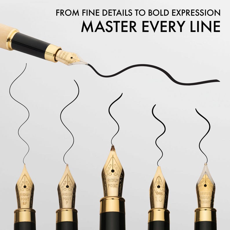 Puede incluir: Primer plano de varias plumas estilogr&aacute;ficas con plumines dorados y barriles negros, cada una creando una l&iacute;nea negra &uacute;nica. La imagen incluye el texto "FROM FINE DETAILS TO BOLD EXPRESSION MASTER EVERY LINE."