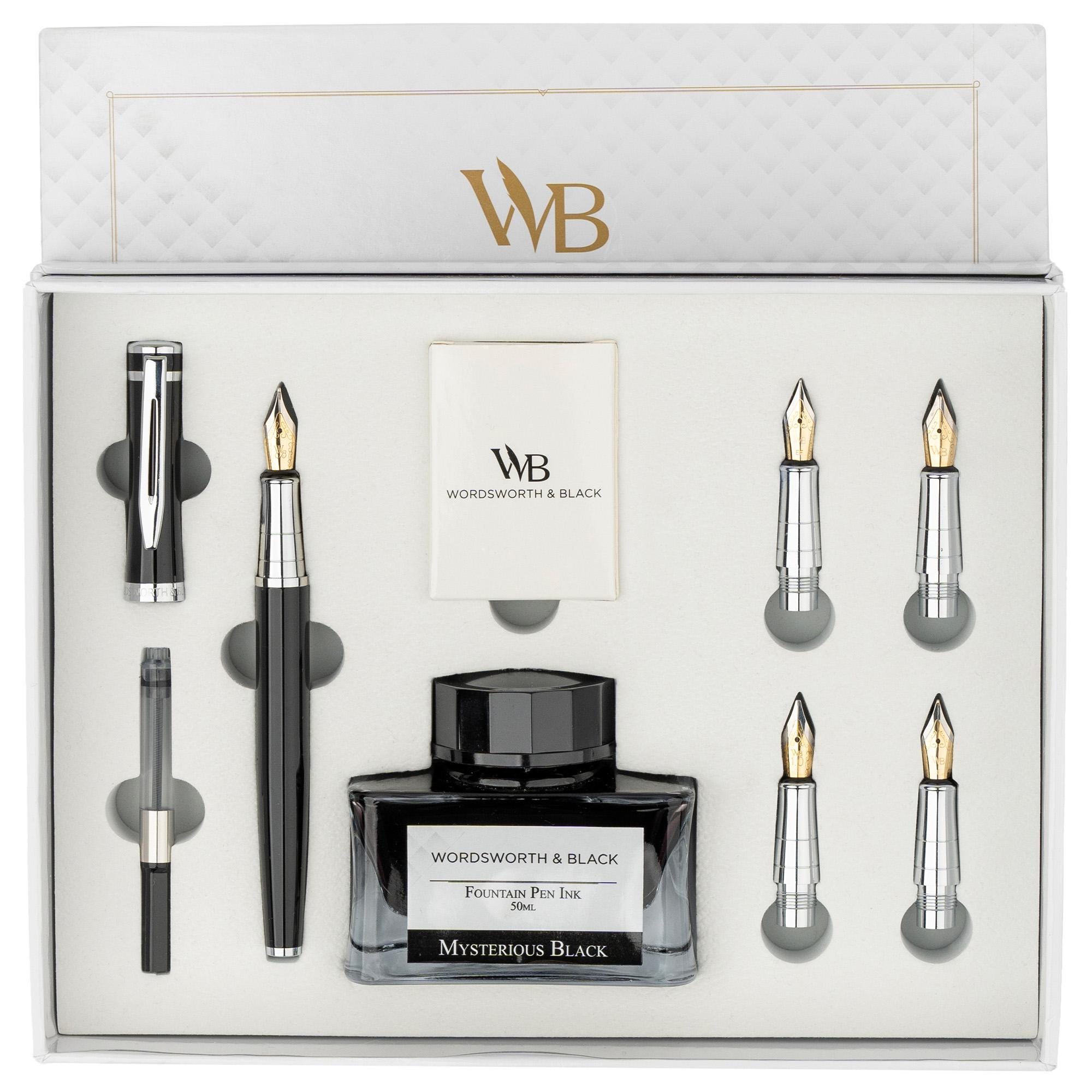 Fountain Pen Gift Set, Includes Ink Bottle, 6 Ink Cartridges, Ink Refill Converter, 4 Replacement Nibs, [Black Chrome], Corporate Gifts
