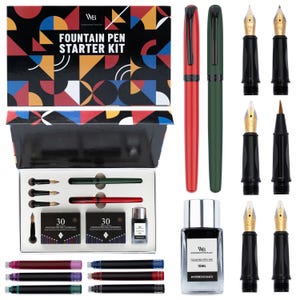 May include: A fountain pen starter kit with a red and green pen, ink, and cartridges. The box features the text "FOUNTAIN PEN STARTER KIT" and a colorful geometric design. Additional nibs and ink cartridges are included.