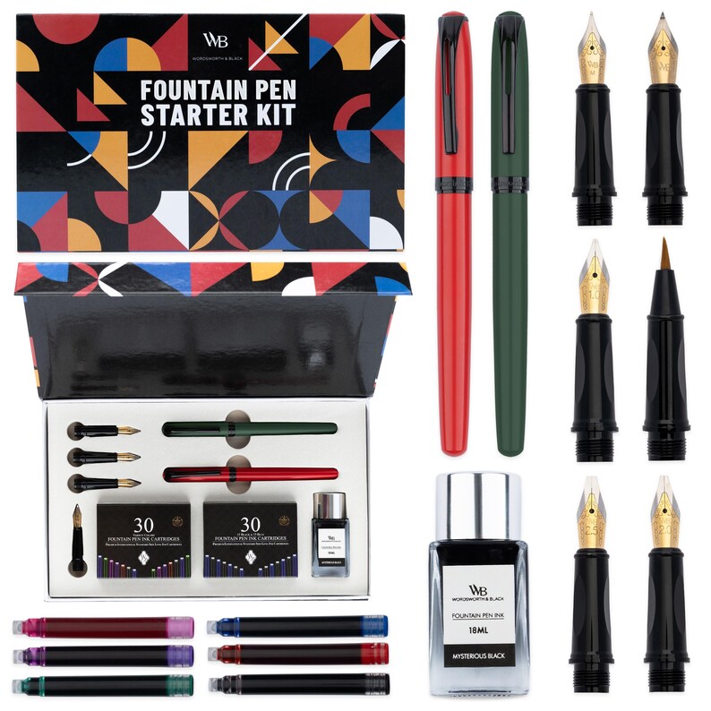 May include: A fountain pen starter kit with a red and green pen, ink, and cartridges. The box features the text "FOUNTAIN PEN STARTER KIT" and a colorful geometric design. Additional nibs and ink cartridges are included.