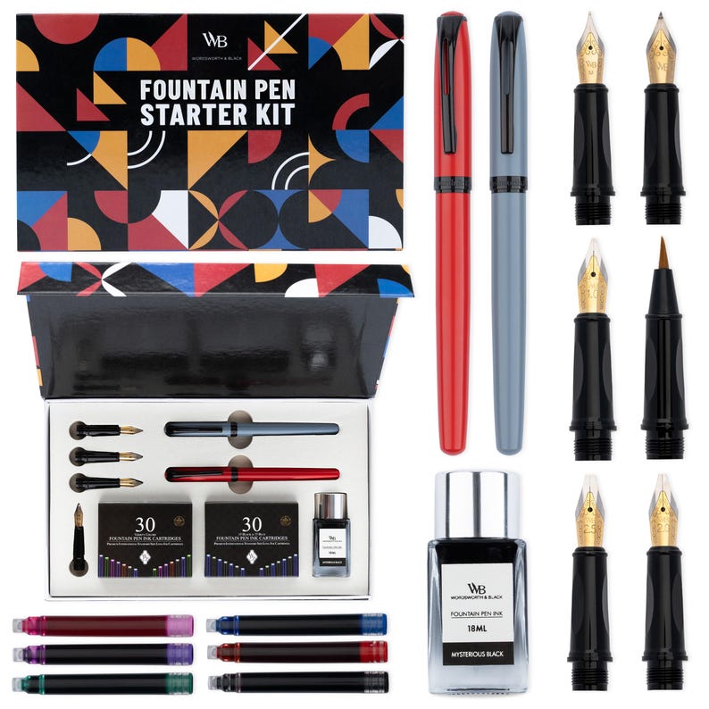 May include: A fountain pen starter kit with a red and gray pen, ink cartridges, and a bottle of black ink. The box has a colorful geometric design and the words "FOUNTAIN PEN STARTER KIT". Additional pen nibs are included.