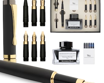 Wordsworth & Black Calligraphy Pen Gift Set, Includes Ink Bottle, 6 Ink Cartridges, Ink Refill Converter, 6 Replacement Nibs, Luxury Bamboo