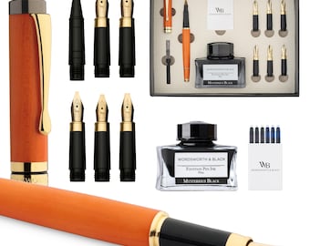 Wordsworth & Black Calligraphy Pen Gift Set, Includes Ink Bottle, 6 Ink Cartridges, Ink Refill Converter, 6 Replacement Nibs, Luxury Bamboo