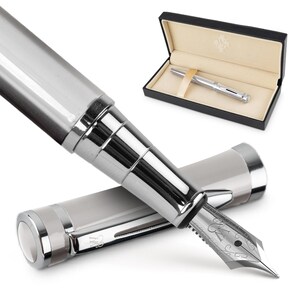 Wordsworth & Black Premium Fountain Pen Set Comes with 6 Ink Cartridges, Refill Converter, Fountain Pen Case, Corporate Gifts Medium Nib Silver Chrome