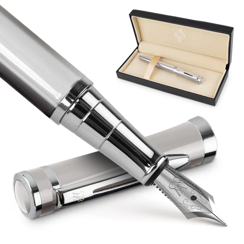 Wordsworth & Black Premium Fountain Pen Set Comes with 6 Ink Cartridges, Refill Converter, Fountain Pen Case, Corporate Gifts Medium Nib Silver Chrome