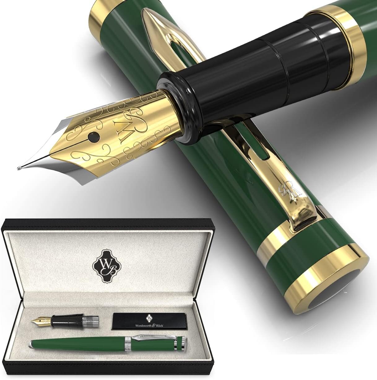 Wordsworth & Black Majesti Vulpen-(Rood), Luxe Etui, 24K Goud Afwerking; 18K Vergulde Medium Punt - Inktpatronen, Navulbare Inktconverter - Kalligrafiepen - Beste Zakelijke Cadeauset