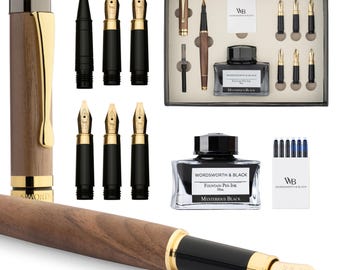 Wordsworth & Black Calligraphy Pen Gift Set, Includes Ink Bottle, 6 Ink Cartridges, Ink Refill Converter, 6 Replacement Nibs, Luxury Bamboo