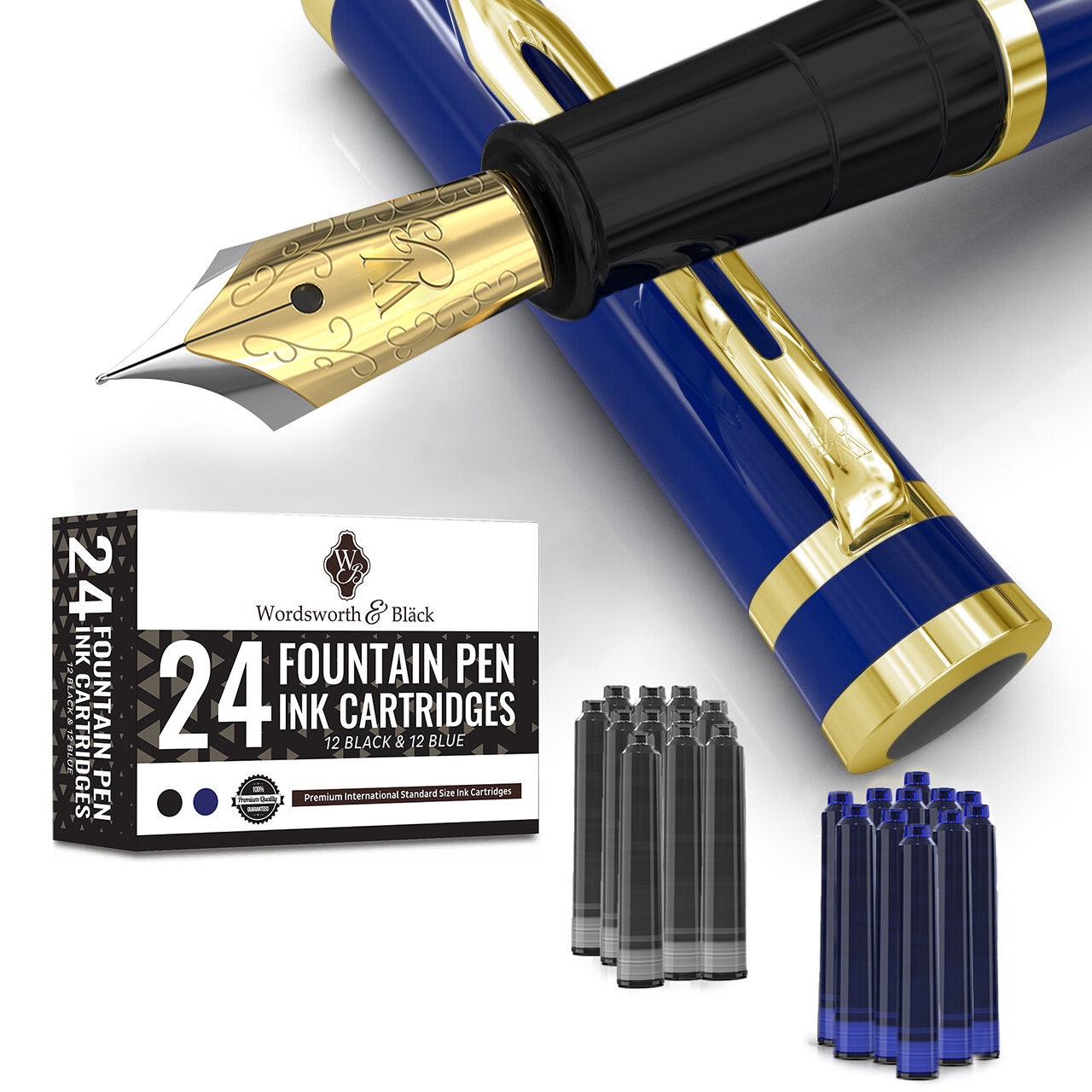 Dryden Designs Fountain Pen - Medium Nib | Includes 24 Ink Cartridges (12 Black 12 Blue) and Ink Refill Converter | Calligraphy