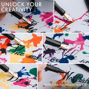 May include: A collage of images showcasing a black fountain pen with a gold nib writing on paper with colorful ink splatters. The text "UNLOCK YOUR CREATIVITY" and "WITH OUR FOUNTAIN PEN KIT" are visible.