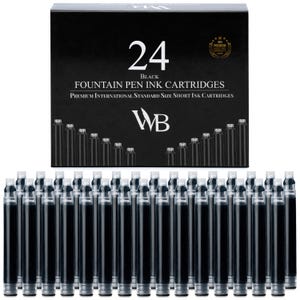 May include: A black box of 24 black fountain pen ink cartridges. The box has the text "24 BLACK FOUNTAIN PEN INK CARTRIDGES" and "PREMIUM INTERNATIONAL STANDARD SIZE SHORT INK CARTRIDGES". The cartridges are arranged in rows.