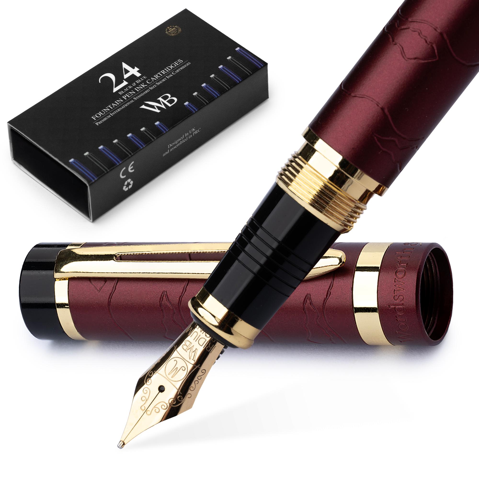 Wordsworth & Black Set di Penne Stilografiche, Pennino Medio Placcato Oro 18K, Confezione da 24 Cartucce d'Inchiostro, Un Convertitore per Ricarica, Scatola Regalo, Calligrafia [Argento Oro
