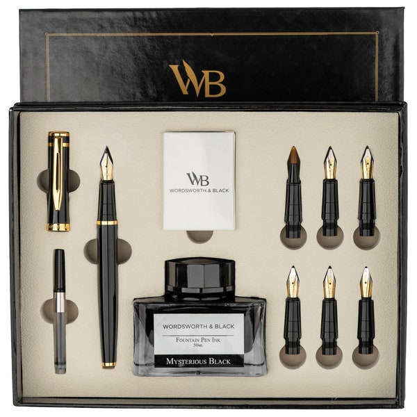 Calligraphy Pen Gift Set, Includes Ink Bottle, 6 Ink Cartridges, Ink Refill Converter, 6 Replacement Nibs, [Black Gold], Corporate Gifts