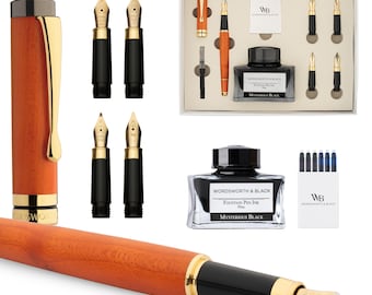 Wordsworth & Black Fountain Pen Gift Set, Includes Ink Bottle, 6 Ink Cartridges, Ink Refill Converter, 4 Replacement Nibs, Luxury Bamboo